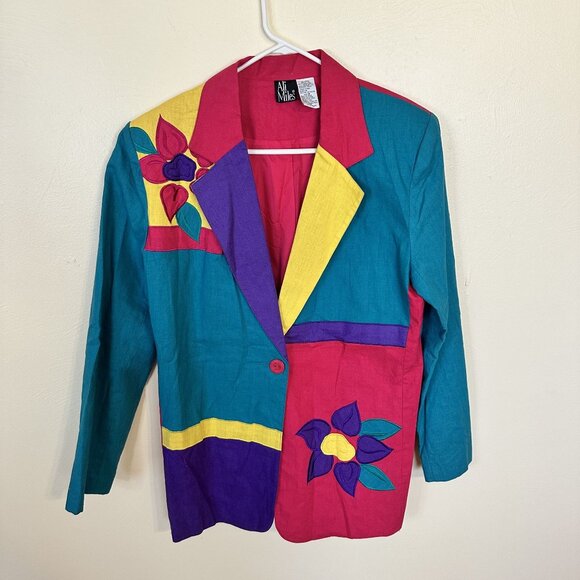 Ali Miles Womens Colorblock Floral Blazer Jacket Medium Linen Blend 1990s Pink - Picture 11 of 11